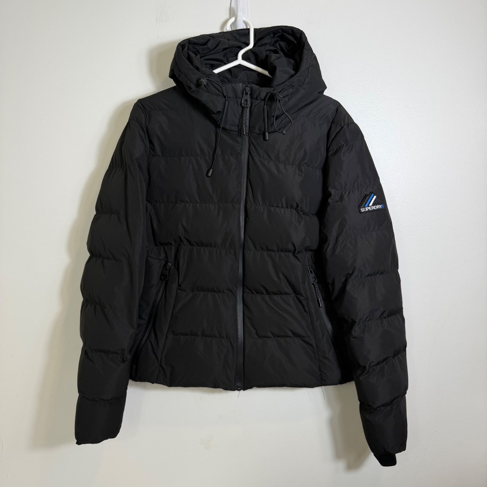 Superdry Hooded Spirit Sports Puffer Jacket Womens US 12 Black Full Zip Coat